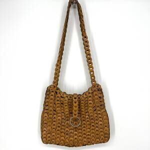 Handwoven Leather Crocheted Shoulder Bag Purse Caramel